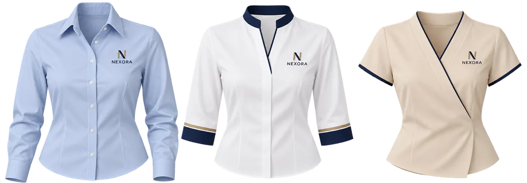 Blusas corporativas celeste, blanca y beige