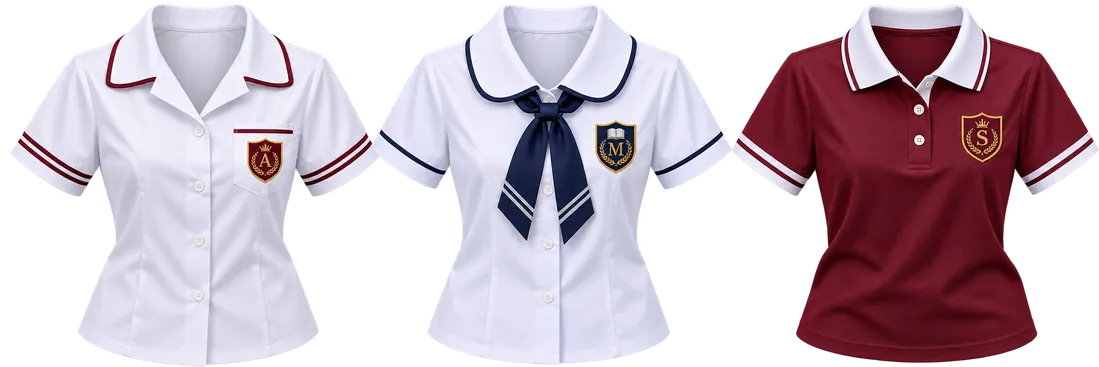 Tres blusas escolares: clásica, con corbatín y tipo polo