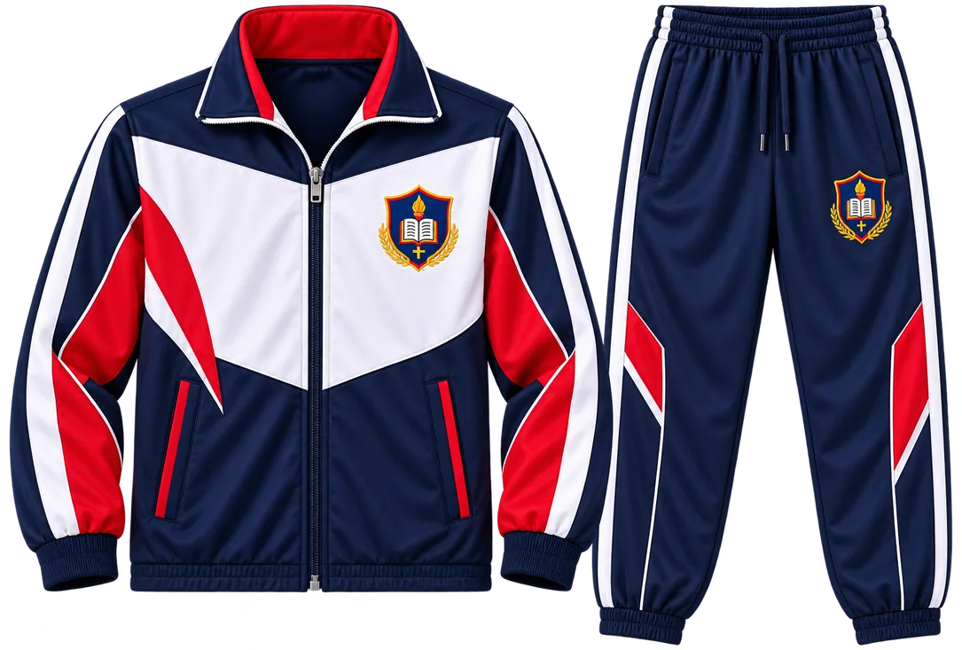 Buzo deportivo tipo casaca con pantalón azul y rojo