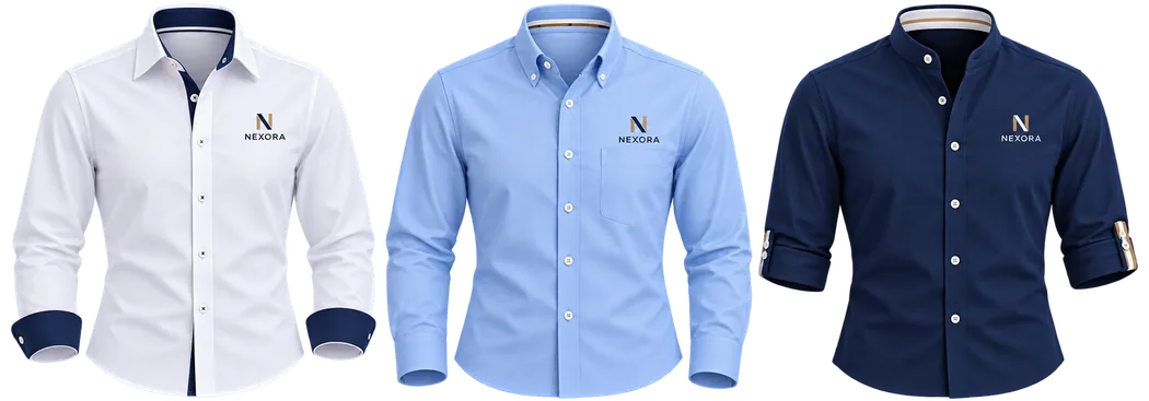 Camisas corporativas en blanco, celeste y azul marino