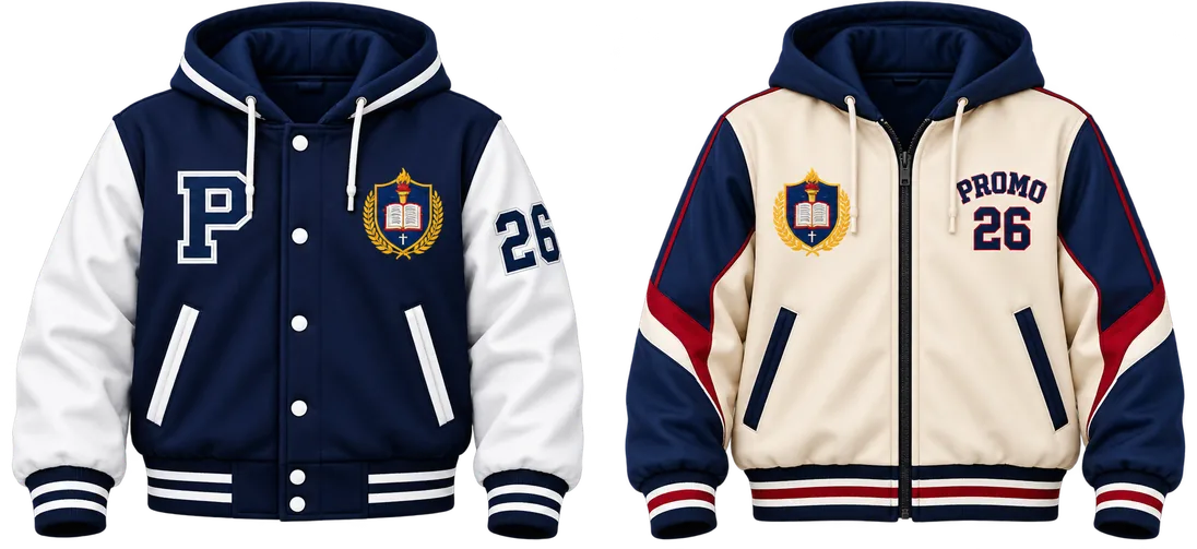 Casacas varsity azul y crema con escudo y año de promoción