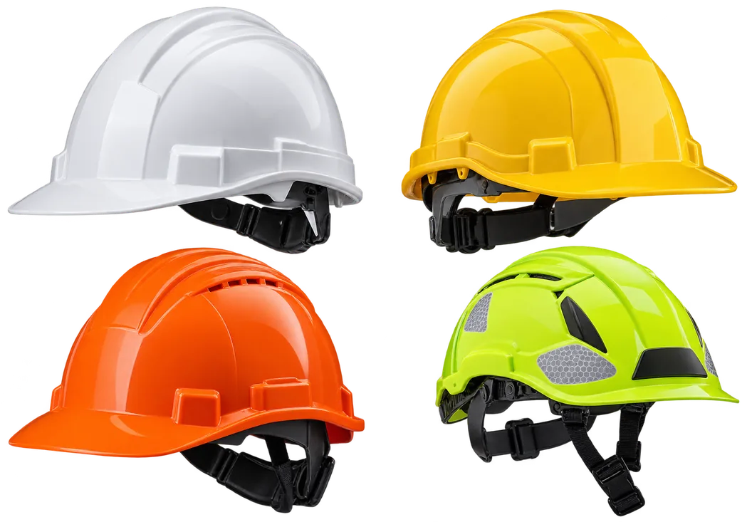 Cascos de seguridad blanco, amarillo, naranja y verde reflectivo