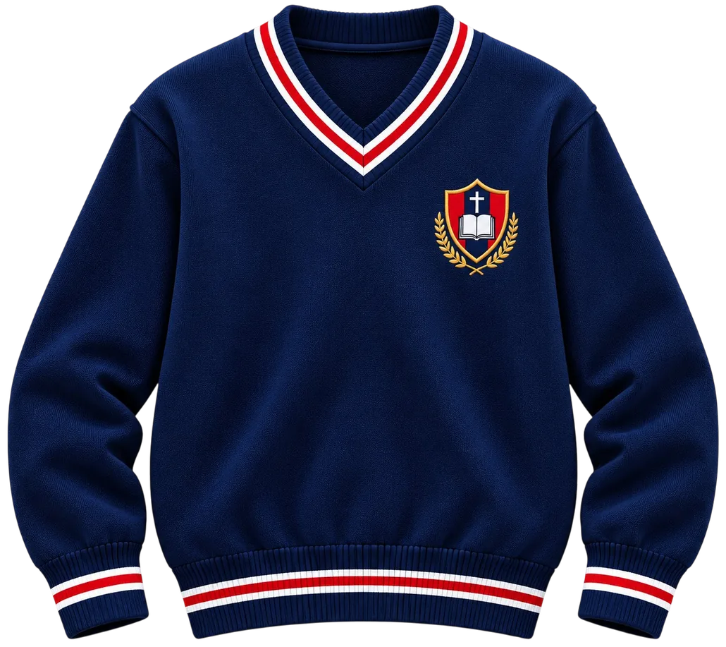 Chompa azul marino cuello V con franjas rojas y escudo