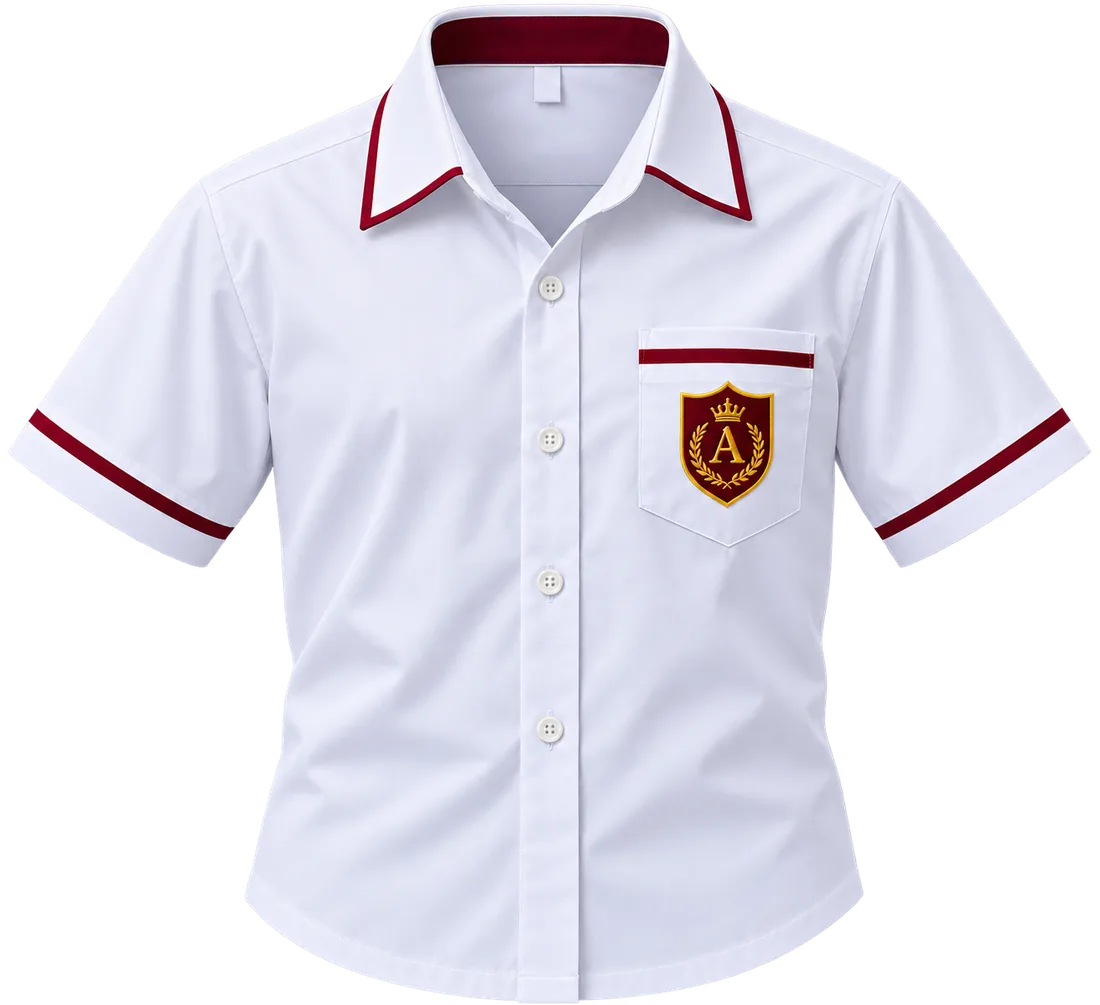 Camisa escolar blanca clásica con ribete guinda y escudo