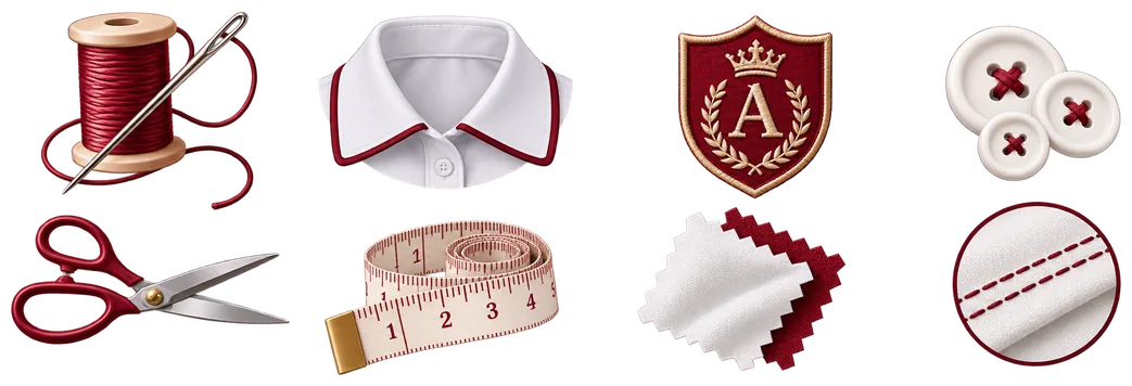 Hilos, cuello camisero, emblema bordado, botones, tijeras, cinta métrica y telas