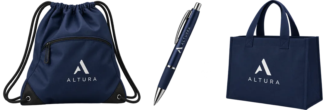 Mochila cordón, lapicero y bolso de tela con logo