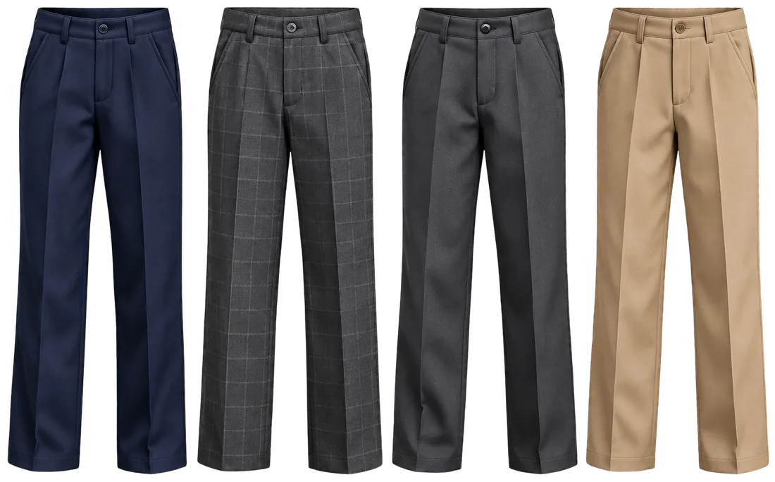 Pantalones escolares en azul, gris cuadros, gris y beige