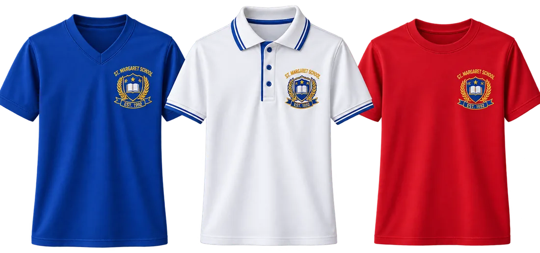 Tres polos deportivos en azul, blanco y rojo con escudo