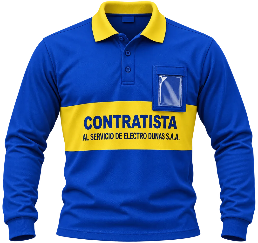Polo de trabajo azul y amarillo con portafotocheck