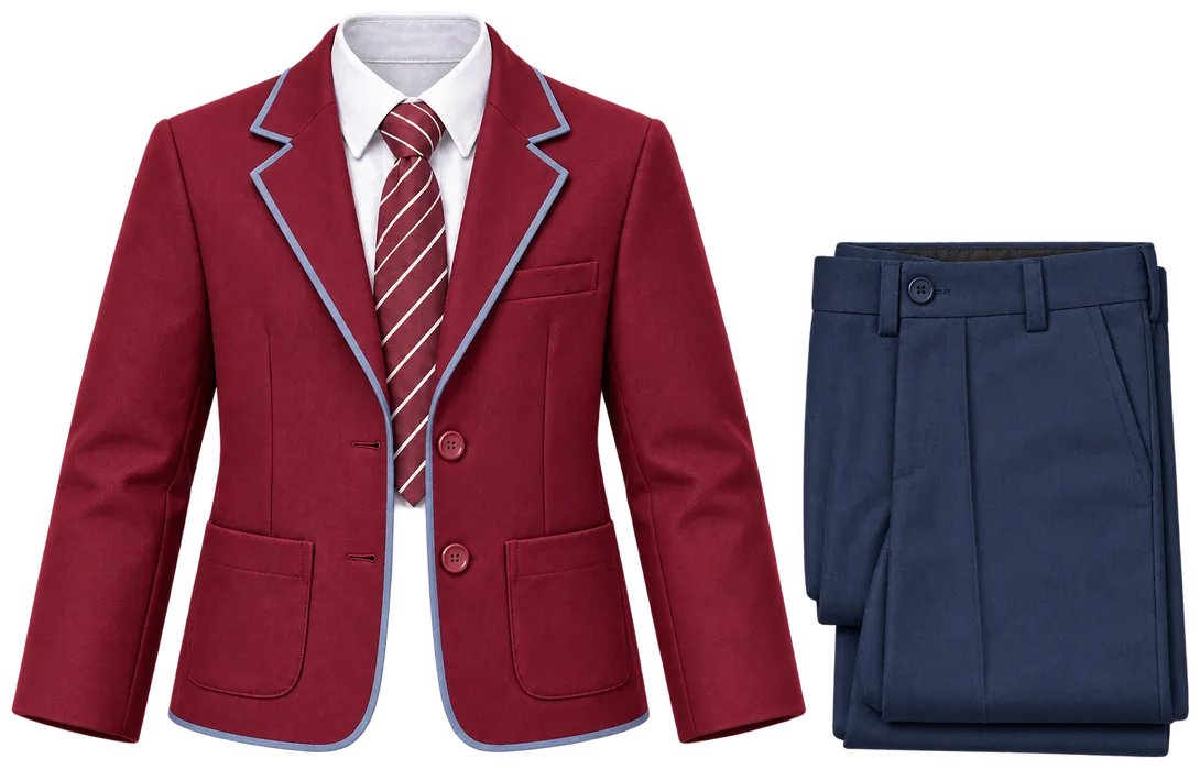 Saco guinda con corbata y pantalón azul de uniforme escolar